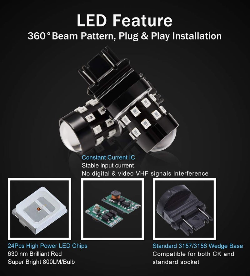 BRISHINE 4-Pack Super Bright 3157 3156 3057 4057 3157K LED Bulbs Brilliant Red 9-30V Non-Polarity 24-SMD LED Chipsets with Projector for Brake Tail Lights, Turn Signal Lights - Image 3